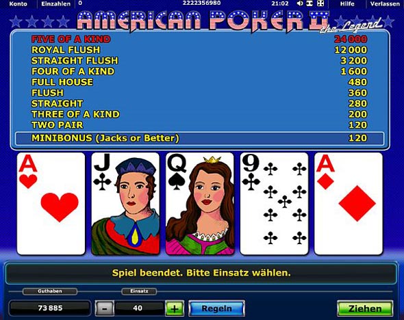 American Poker 2 Gewinntabelle